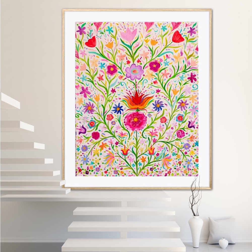 Flower Folk Art Print of Oil Painting Scandinavian whimsical colorful floral - Picture 2 of 7